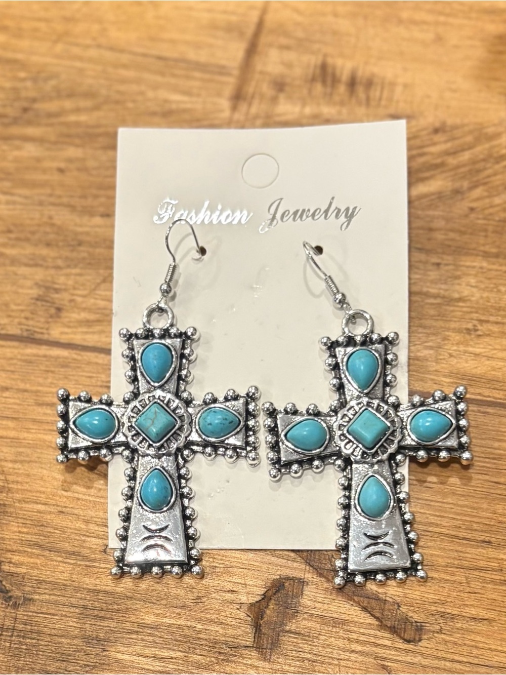 Fashion Jewelry Turquoise and Silver Cross Drop Earrings
